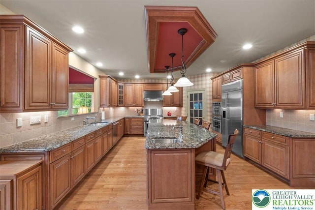217 Rising Meadow Way, Middle Smithfield Twp, PA 18302 - kitchen featuring under cabinet range hood, high quality appliances, brown cabinets, a center island, and light wood-style flooring