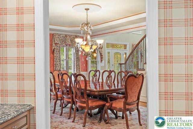 217 Rising Meadow Way, Middle Smithfield Twp, PA 18302 - dining space with a chandelier and stairs