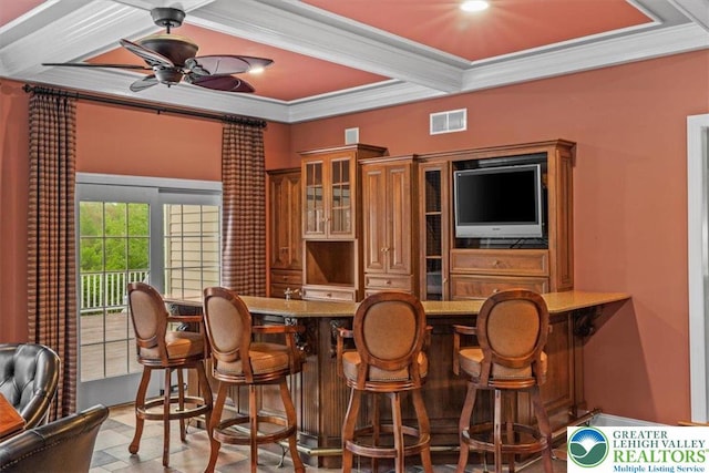 217 Rising Meadow Way, Middle Smithfield Twp, PA 18302 - indoor dry bar with ceiling fan and ornamental molding