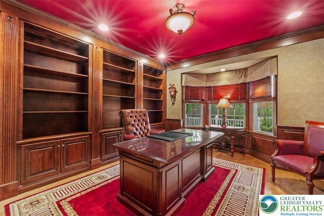 217 Rising Meadow Way, Middle Smithfield Twp, PA 18302 - office area featuring wainscoting, crown molding, dark wood-style flooring, wallpapered walls, and recessed lighting