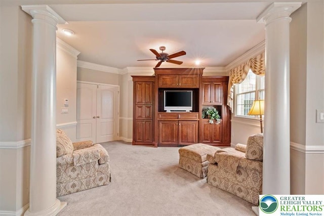 217 Rising Meadow Way, Middle Smithfield Twp, PA 18302 - carpeted living room with decorative columns, a ceiling fan, and ornamental molding