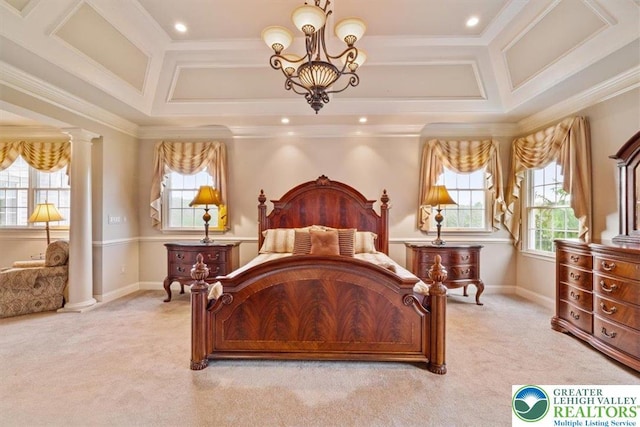 217 Rising Meadow Way, Middle Smithfield Twp, PA 18302 - bedroom featuring light carpet, multiple windows, crown molding, a chandelier, and coffered ceiling
