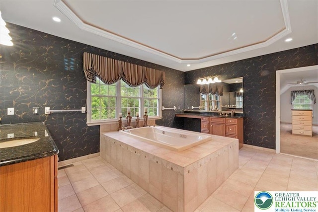 217 Rising Meadow Way, Middle Smithfield Twp, PA 18302 - full bathroom featuring tile patterned flooring, a tray ceiling, two vanities, wallpapered walls, and recessed lighting
