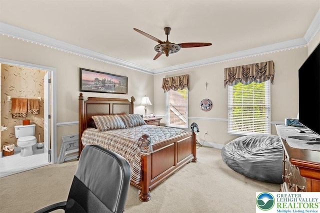 217 Rising Meadow Way, Middle Smithfield Twp, PA 18302 - bedroom with light colored carpet, crown molding, baseboards, ensuite bathroom, and a ceiling fan