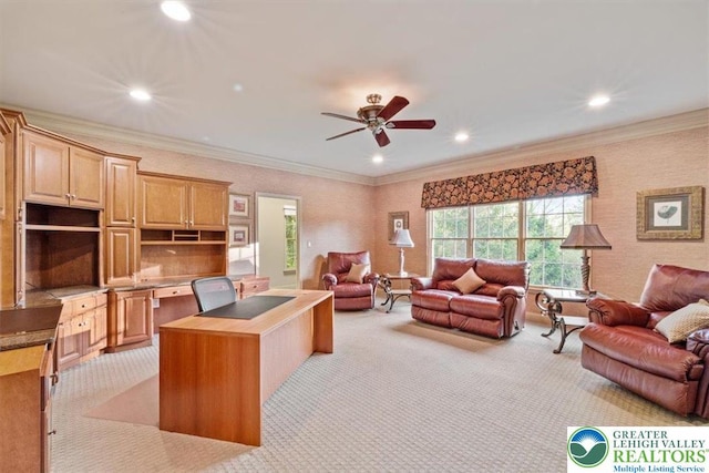 217 Rising Meadow Way, Middle Smithfield Twp, PA 18302 - office with light carpet, ceiling fan, recessed lighting, and ornamental molding