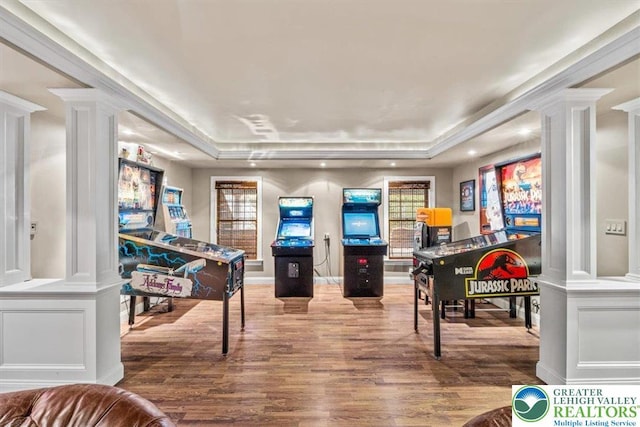 217 Rising Meadow Way, Middle Smithfield Twp, PA 18302 - playroom with decorative columns, wood finished floors, and a raised ceiling