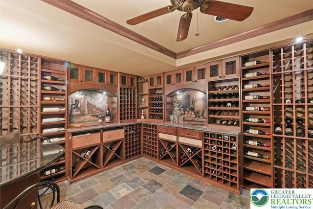 217 Rising Meadow Way, Middle Smithfield Twp, PA 18302 - wine room with crown molding, stone finish floors, and a ceiling fan