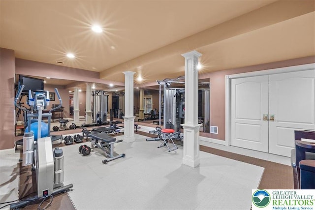 217 Rising Meadow Way, Middle Smithfield Twp, PA 18302 - workout area with ornate columns and recessed lighting