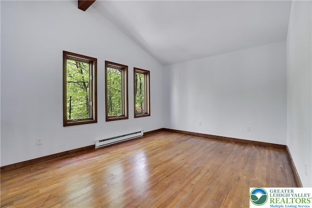 8210 Pine Grove, Stroud Twp, PA 18301 - spare room featuring baseboard heating, wood finished floors, beam ceiling, baseboards, and high vaulted ceiling
