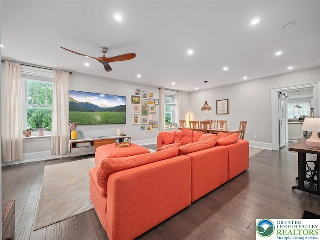 1942 Schadt Ave, Whitehall Twp, PA 18052 - living area with ceiling fan, healthy amount of natural light, recessed lighting, baseboards, and dark wood-style floors