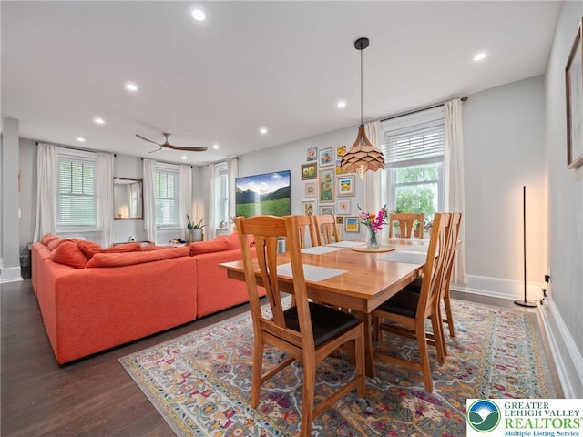 dining room featuring recessed lighting, wood finished floors, baseboards, and a ceiling fan