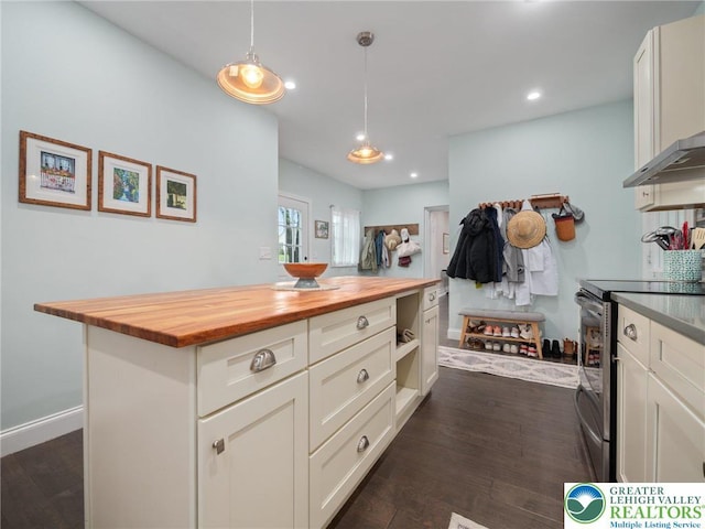1942 Schadt Ave, Whitehall Twp, PA 18052 - kitchen with stainless steel range with electric cooktop, wood counters, recessed lighting, white cabinetry, and hanging light fixtures