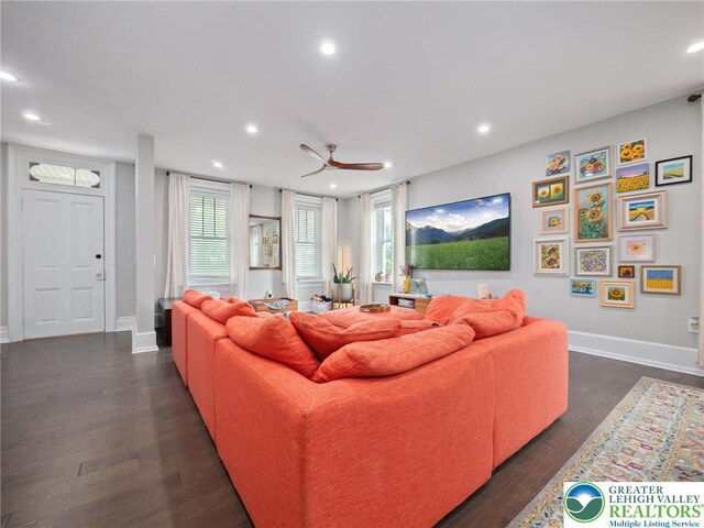 1942 Schadt Ave, Whitehall Twp, PA 18052 - living area with recessed lighting, baseboards, dark wood finished floors, and a ceiling fan