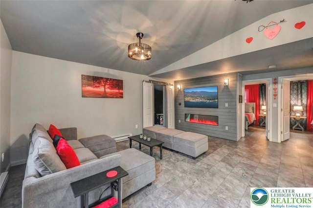 304 Ruger Ln, Coolbaugh Twp, PA 18466 - living room featuring lofted ceiling, a fireplace, a chandelier, a baseboard heating unit, and baseboards