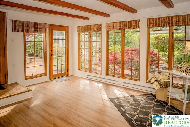 doorway with plenty of natural light, beam ceiling, and wood finished floors