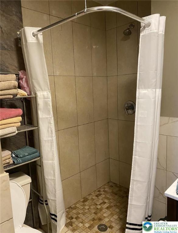 3516 Pine Ave, Saint Lawrence, PA 19606 - bathroom with tile walls, a stall shower, and toilet