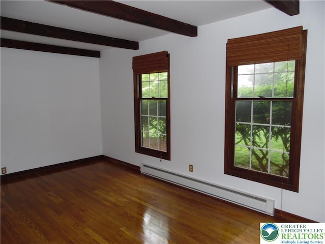 5023 Church Dr, North Whitehall Twp, PA 18037 - unfurnished room with a baseboard heating unit, beam ceiling, dark wood-style floors, and baseboards