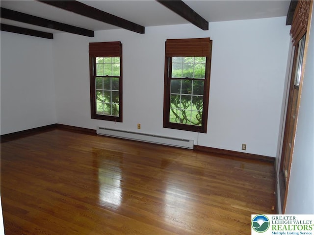 5023 Church Dr, North Whitehall Twp, PA 18037 - spare room featuring a baseboard heating unit, beam ceiling, wood finished floors, and baseboards