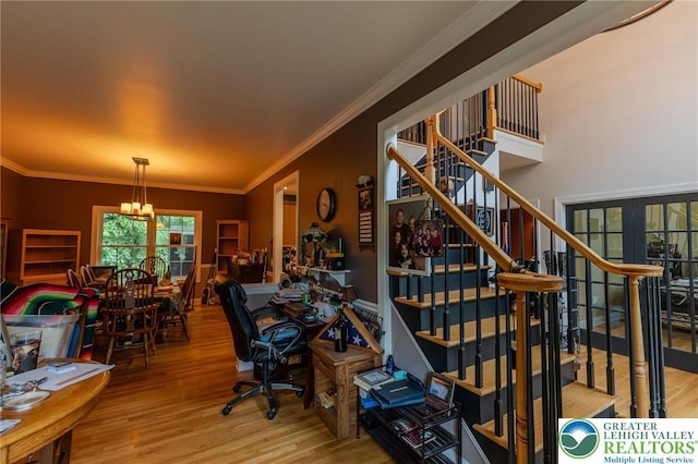 803 Birch Ave, Pen Argyl Borough, PA 18072 - office area featuring wood finished floors, a chandelier, and crown molding