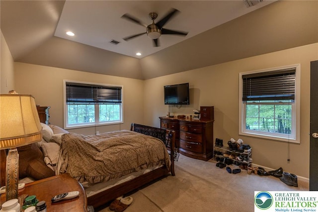 803 Birch Ave, Pen Argyl Borough, PA 18072 - bedroom with multiple windows, carpet, lofted ceiling, ceiling fan, and recessed lighting