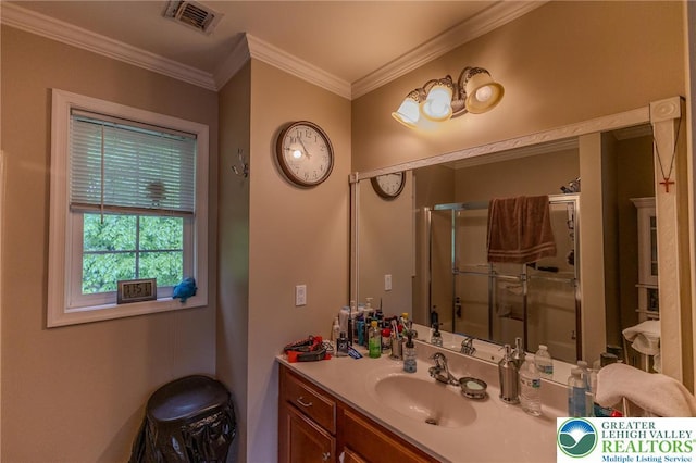 803 Birch Ave, Pen Argyl Borough, PA 18072 - bathroom featuring a shower stall, vanity, and crown molding