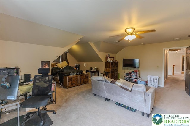 803 Birch Ave, Pen Argyl Borough, PA 18072 - office area featuring light carpet, ceiling fan, and lofted ceiling