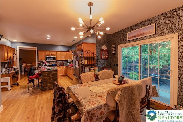 803 Birch Ave, Pen Argyl Borough, PA 18072 - dining area with light wood-type flooring, a chandelier, recessed lighting, and wallpapered walls