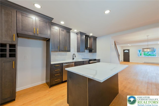 kitchen featuring stainless steel dishwasher, electric stove, light wood-style floors, wall chimney exhaust hood, and baseboards