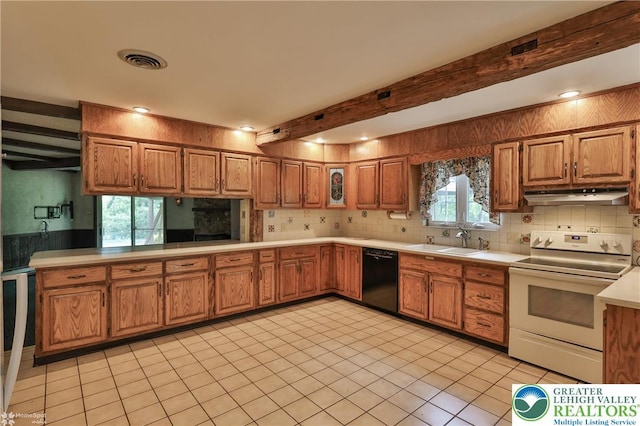 6379 Winding Rd, Upper Saucon Twp, PA 18036 - kitchen with white electric range, dishwasher, under cabinet range hood, a sink, and light countertops