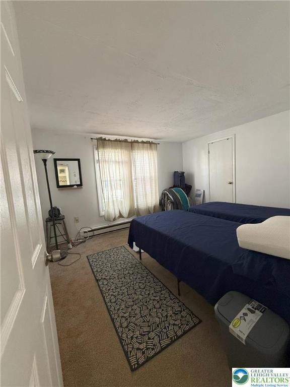 bedroom featuring carpet floors and a baseboard radiator