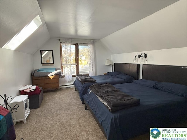 bedroom with carpet, lofted ceiling, and a baseboard radiator
