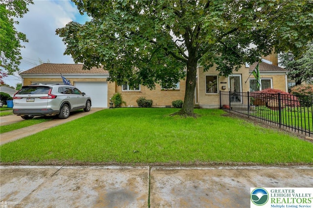 view of property hidden behind natural elements featuring an attached garage and concrete driveway