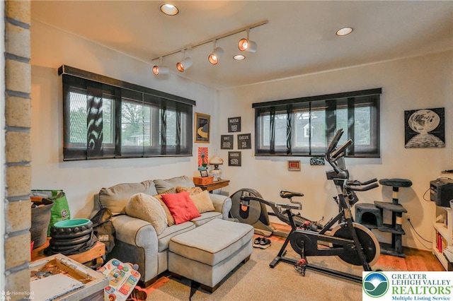 exercise area featuring rail lighting and recessed lighting