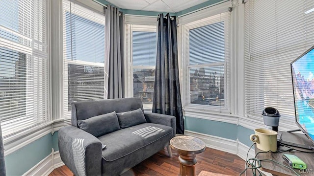 sitting room featuring baseboards, wood finished floors, and healthy amount of natural light