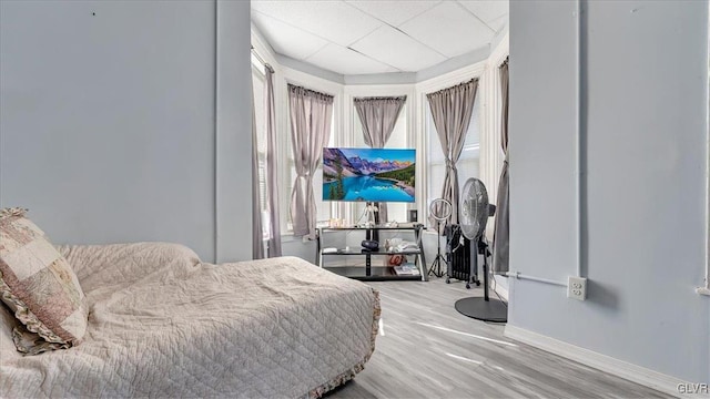bedroom with wood finished floors, baseboards, and a paneled ceiling