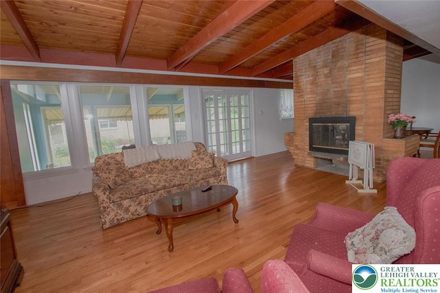 1115 N 38th St, South Whitehall Twp, PA 18104 - living room featuring beam ceiling, wood finished floors, a multi sided fireplace, and wood ceiling