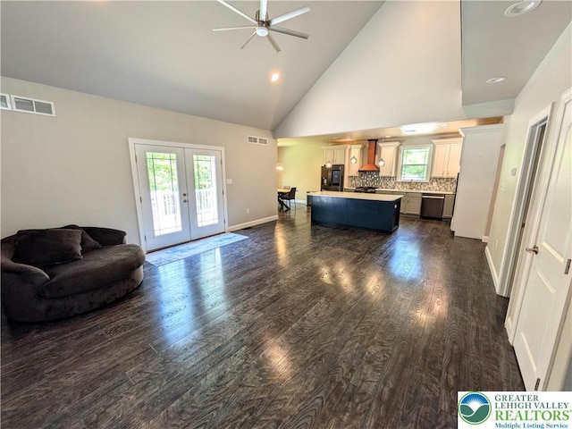 130 Corktree Rd, Polk Twp, PA 18058 - living room with french doors, dark wood-style floors, ceiling fan, high vaulted ceiling, and recessed lighting