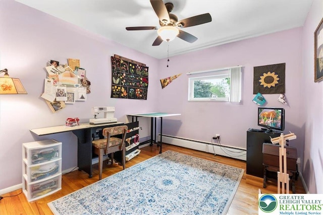 2840 Whitewood Rd, Hanover Twp, PA 18017 - office area featuring a ceiling fan, baseboard heating, wood finished floors, and baseboards