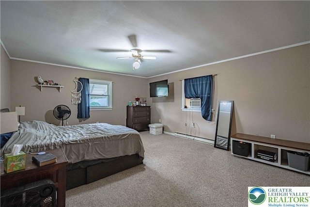 3082 Pricetown Rd, Pa, PA 19560 - bedroom featuring baseboard heating, ornamental molding, carpet flooring, a ceiling fan, and cooling unit