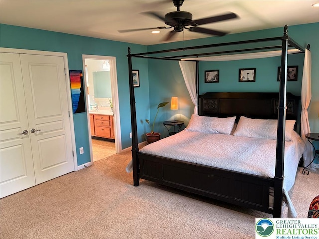 1557 Bridgeton Rd, Upper Macungie Twp, PA 18031 - bedroom featuring carpet flooring, connected bathroom, ceiling fan, a closet, and recessed lighting