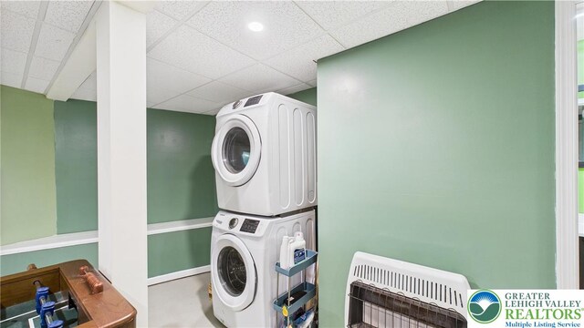 112 Moshannon Dr, Coolbaugh Twp, PA 18347 - washroom with heating unit, stacked washer / dryer, and recessed lighting
