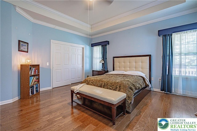 50 Edinburgh Dr, Palmer Twp, PA 18045 - bedroom with wood finished floors, a raised ceiling, ornamental molding, baseboards, and a ceiling fan