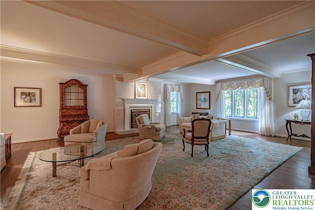 1845 Lehigh Pkwy N, Allentown City, PA 18103 - living room with crown molding, a premium fireplace, beamed ceiling, baseboards, and wood finished floors