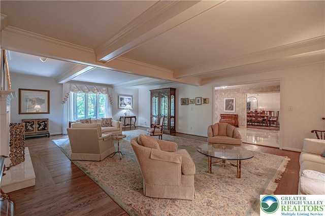 1845 Lehigh Pkwy N, Allentown City, PA 18103 - living room with beamed ceiling, ornamental molding, baseboards, and wood finished floors