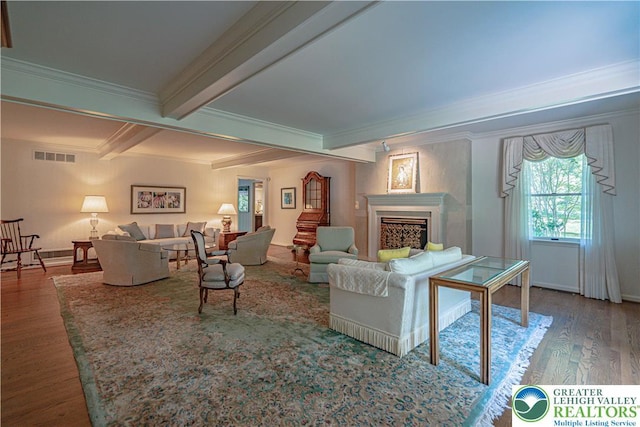 1845 Lehigh Pkwy N, Allentown City, PA 18103 - living area with ornamental molding, wood finished floors, beam ceiling, a fireplace, and baseboards