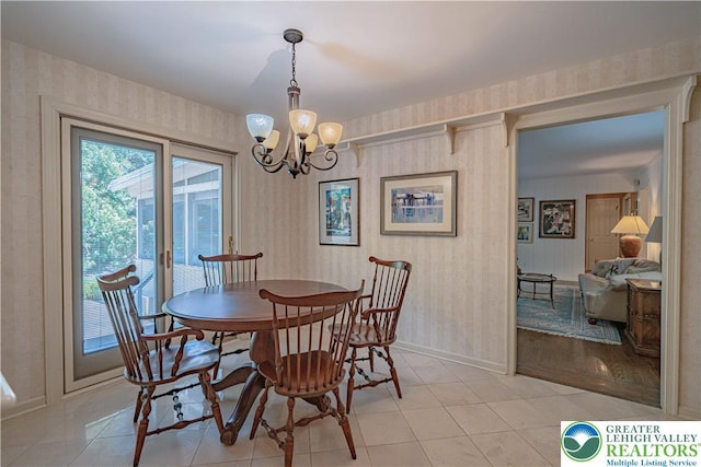 1845 Lehigh Pkwy N, Allentown City, PA 18103 - dining room featuring wallpapered walls, a chandelier, light tile patterned flooring, and baseboards