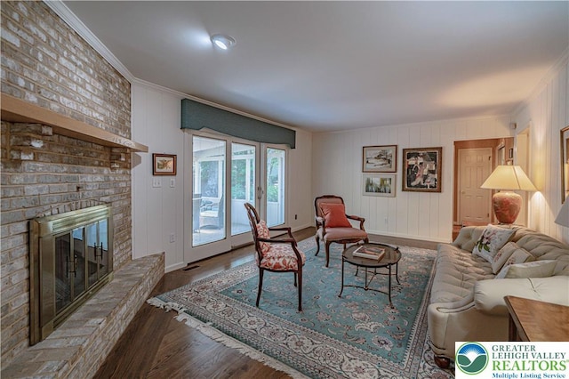 1845 Lehigh Pkwy N, Allentown City, PA 18103 - living room with ornamental molding, wood finished floors, and a brick fireplace