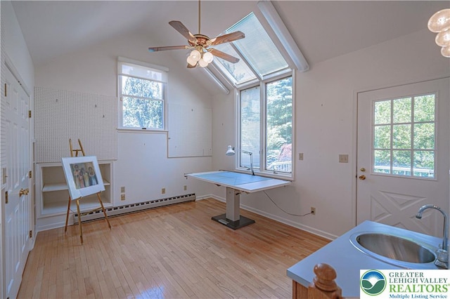 1845 Lehigh Pkwy N, Allentown City, PA 18103 - playroom featuring a baseboard radiator, a sink, light wood-style flooring, lofted ceiling, and ceiling fan