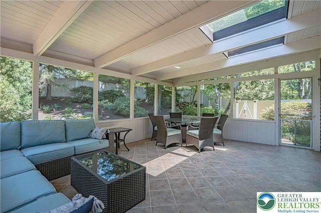 1845 Lehigh Pkwy N, Allentown City, PA 18103 - sunroom featuring an outdoor living space, beamed ceiling, a skylight, and outdoor dining area