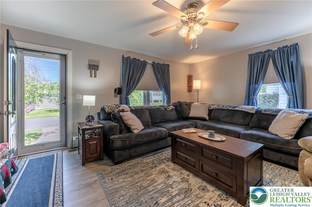46 Jefferson St, Weatherly Borough, PA 18255 - living room with light wood-style flooring and a ceiling fan